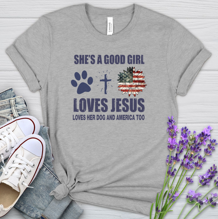 A Girl Who Loves Jesus Dogs And America Heathered Tee