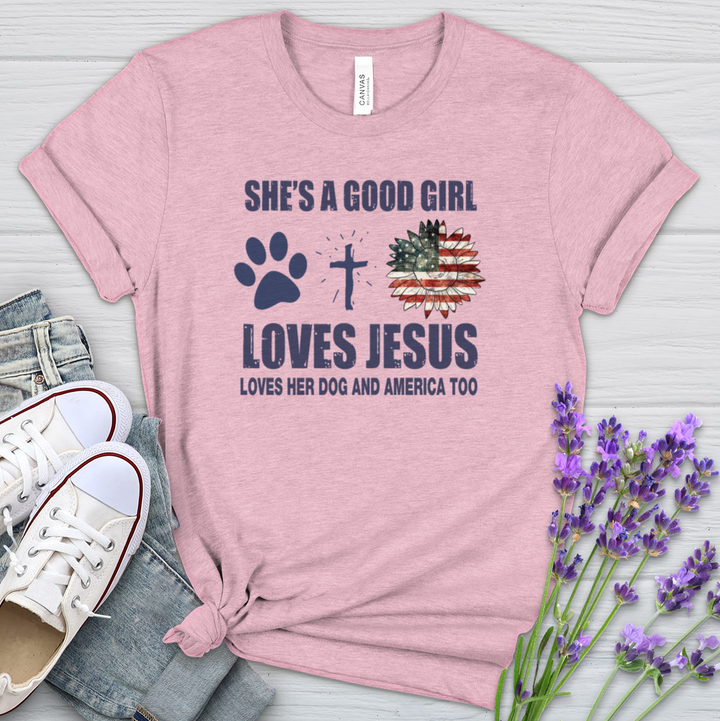 A Girl Who Loves Jesus Dogs And America Heathered Tee