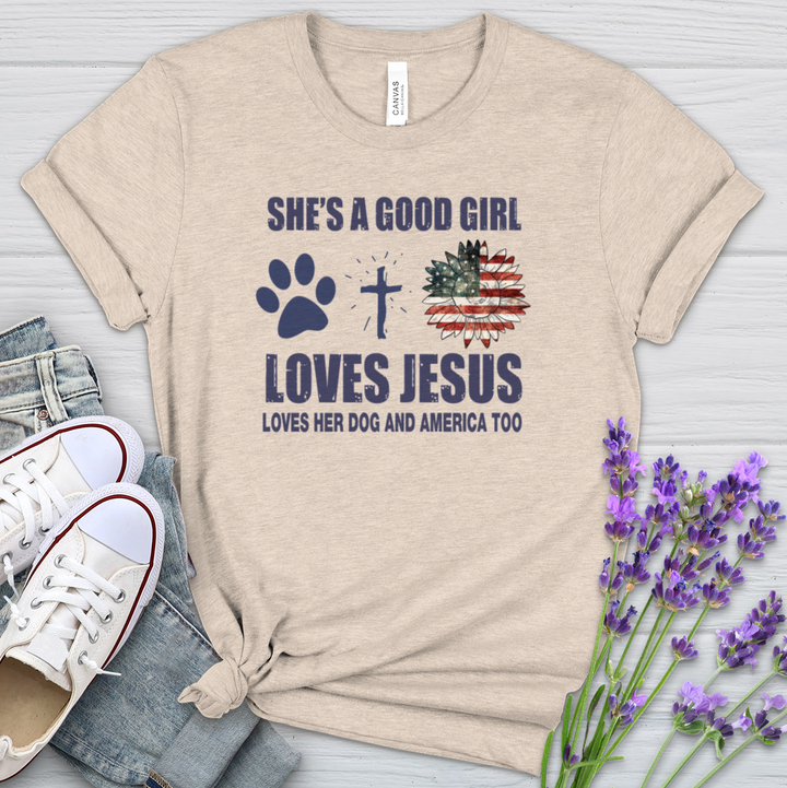 A Girl Who Loves Jesus Dogs And America Heathered Tee