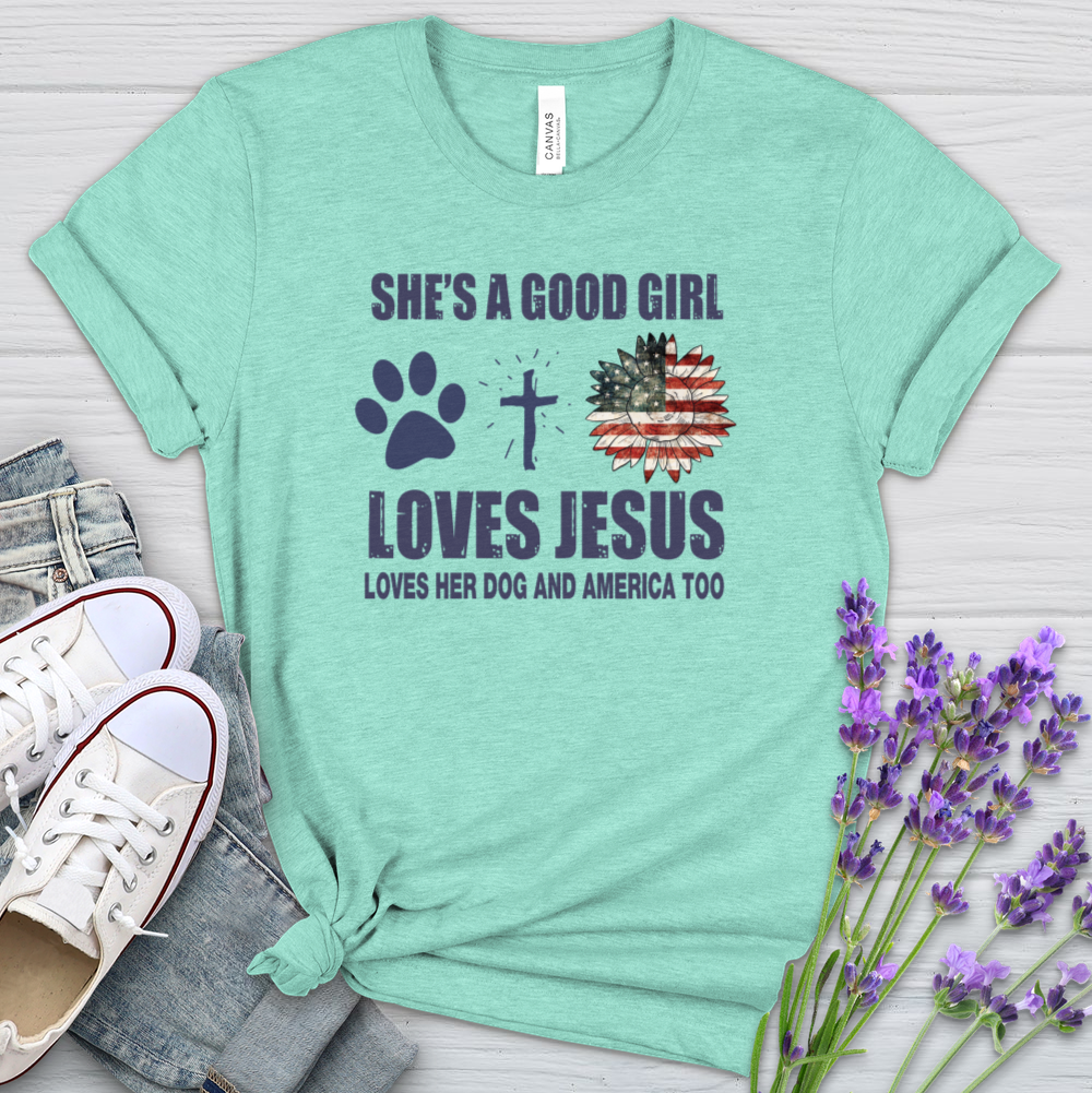 A Girl Who Loves Jesus Dogs And America Heathered Tee