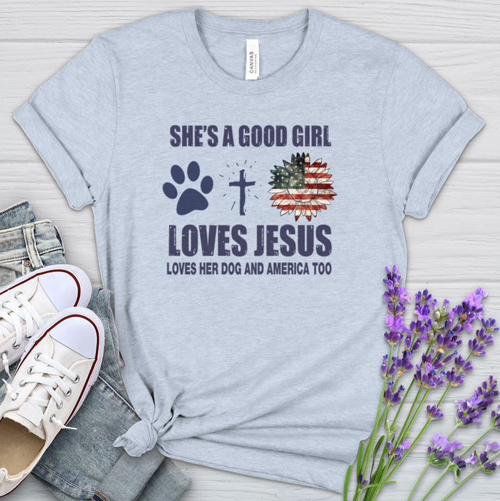 A Girl Who Loves Jesus Dogs And America Heathered Tee