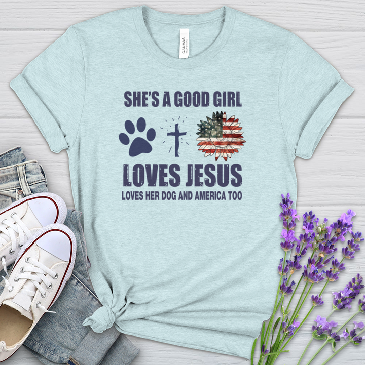 A Girl Who Loves Jesus Dogs And America Heathered Tee