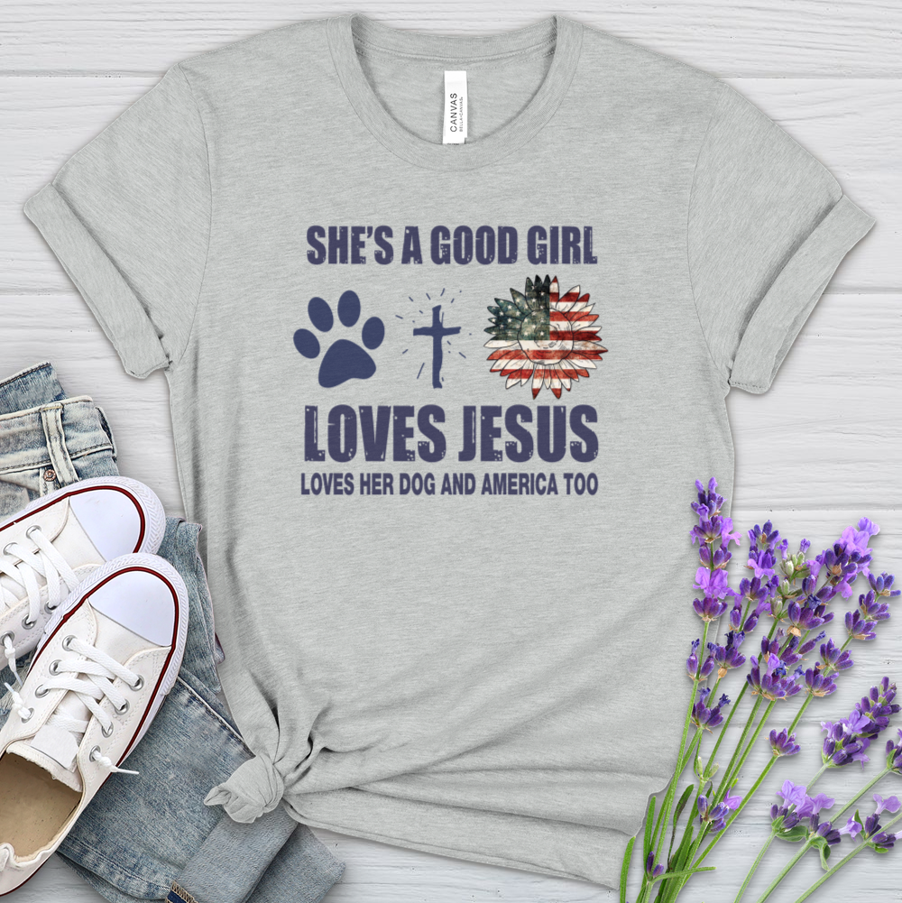 A Girl Who Loves Jesus Dogs And America Heathered Tee