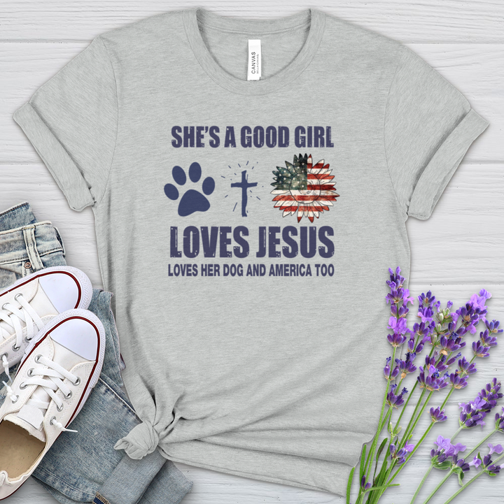 A Girl Who Loves Jesus Dogs And America Heathered Tee