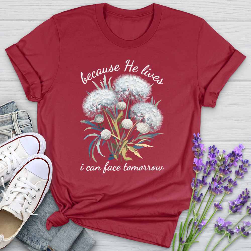 Because He Lives I Can Face Tomorrrow Dandelions Softstyle Tee