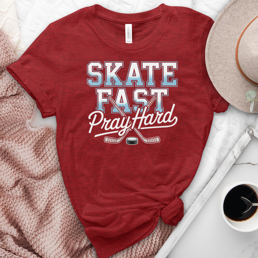 Skate Fast Pray Hard Hockey Heathered Tee