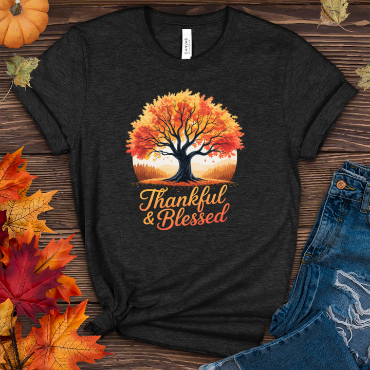 Thankful & Blessed Fall Scenery Heathered Tee