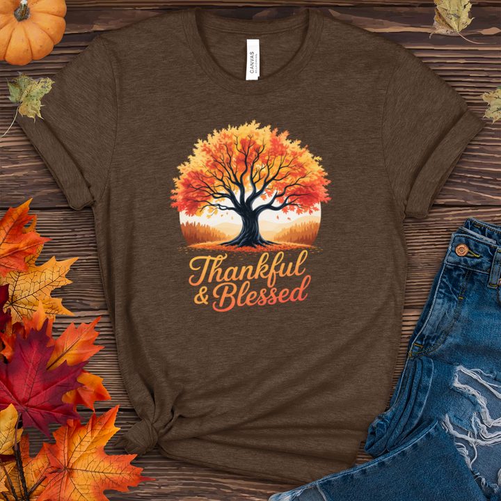 Thankful & Blessed Fall Scenery Heathered Tee