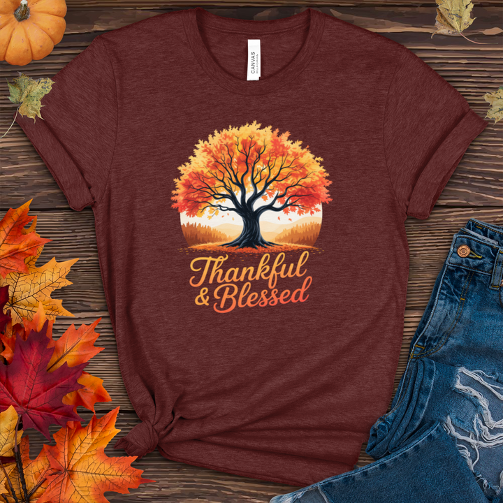 Thankful & Blessed Fall Scenery Heathered Tee
