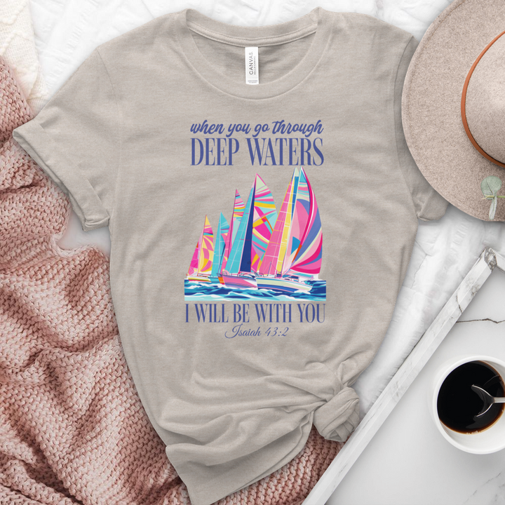 When You Go Through Deep Waters Sailboats Heathered Tee