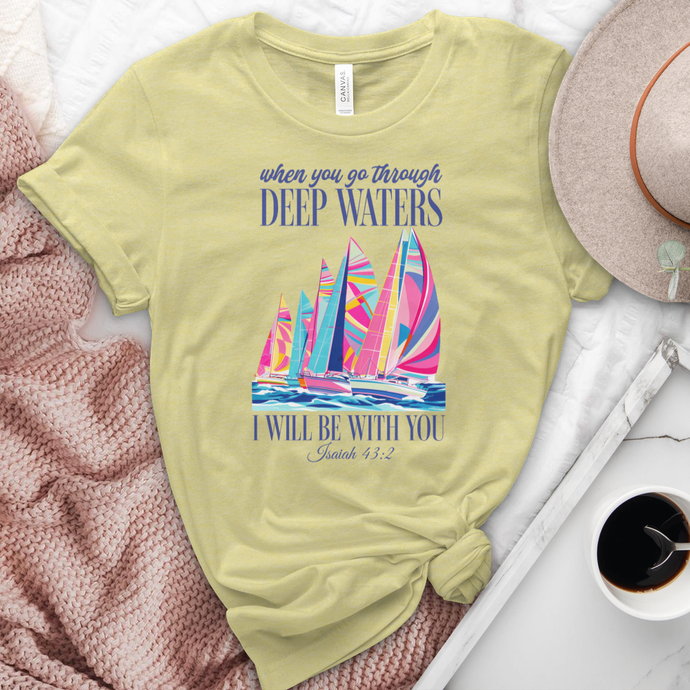 When You Go Through Deep Waters Sailboats Heathered Tee