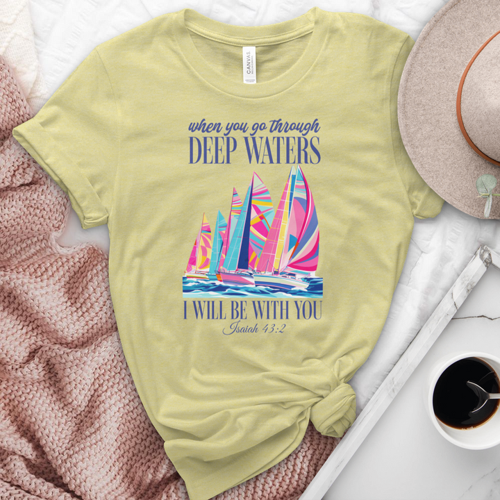 When You Go Through Deep Waters Sailboats Heathered Tee