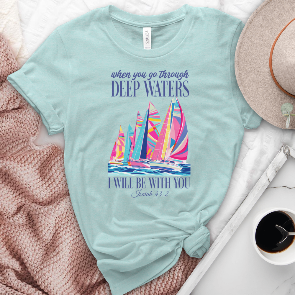 When You Go Through Deep Waters Sailboats Heathered Tee