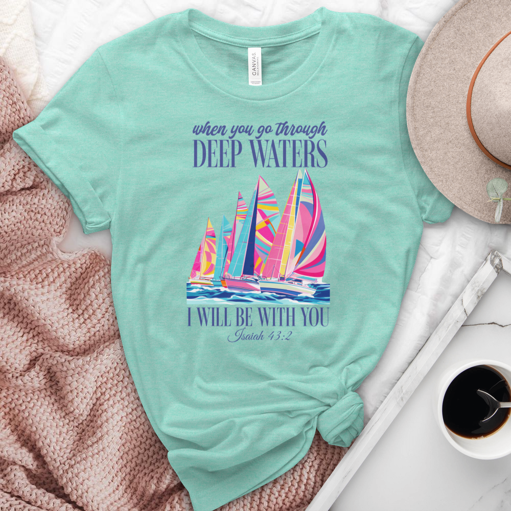 When You Go Through Deep Waters Sailboats Heathered Tee