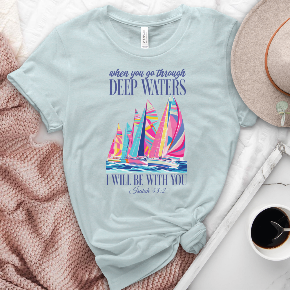 When You Go Through Deep Waters Sailboats Heathered Tee
