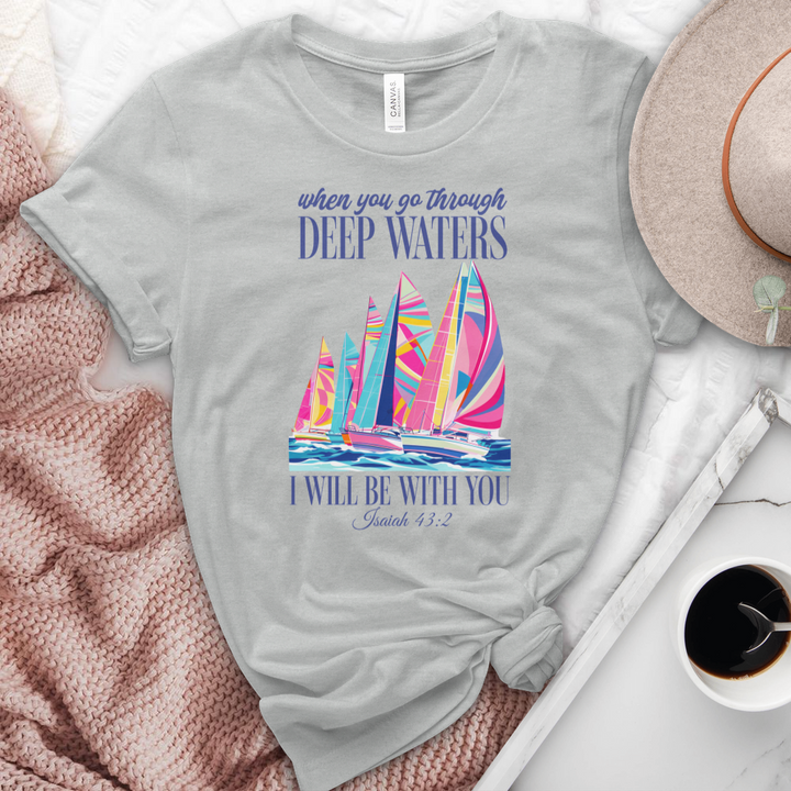 When You Go Through Deep Waters Sailboats Heathered Tee