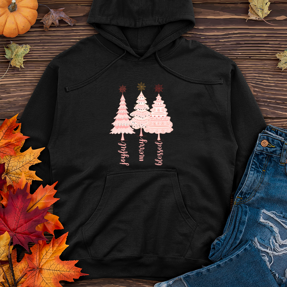 Vintage Snowflake Pink Tree Trio Midweight Hooded Sweatshirt