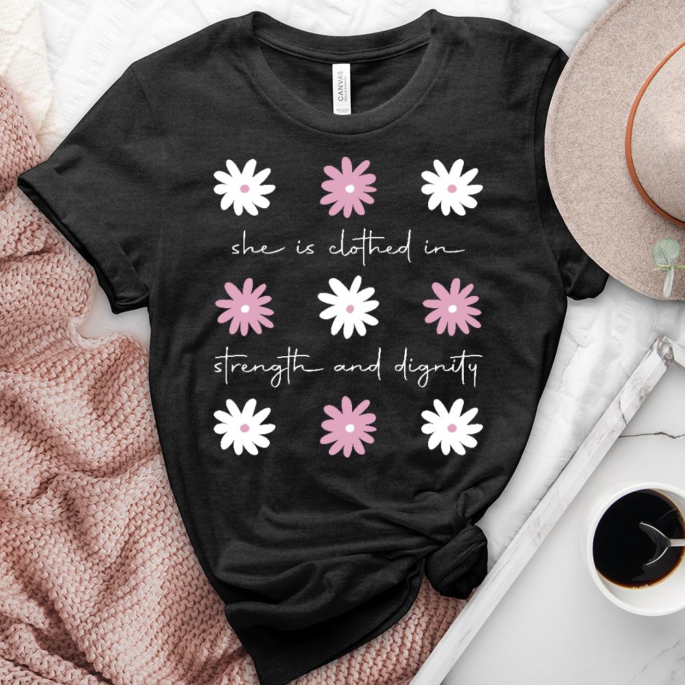 She Is Clothed Pink Daisy Pattern Heathered Tee