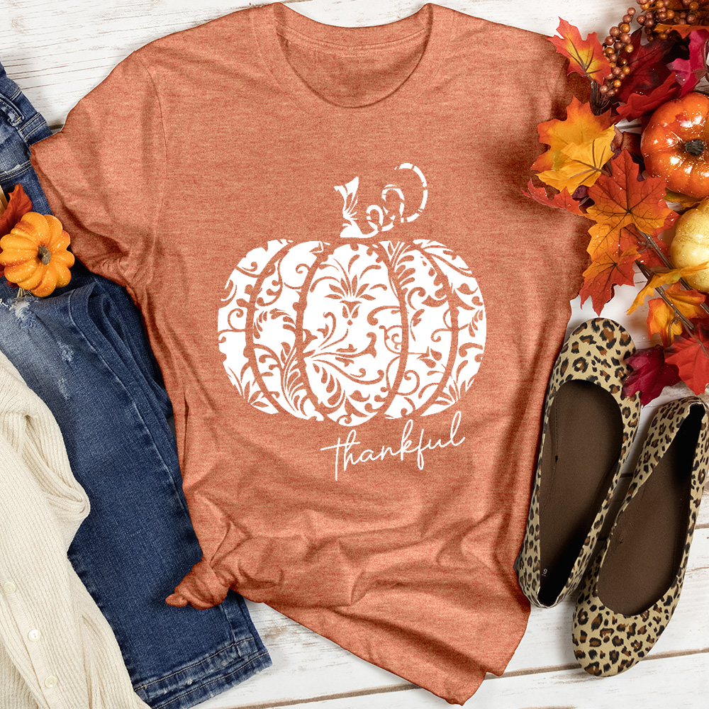 Women's Funny Fall Thankful T-Shirt - Pumpkin Leaves Graphic Tee, Short Sleeve, Casual Thanksgiving Top - View #2