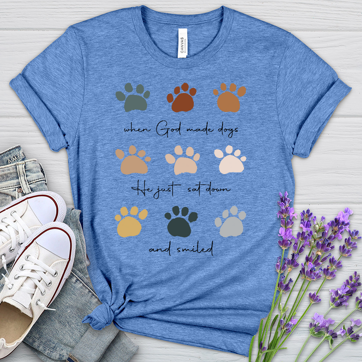 When God Created Dogs Paw Prints Heathered Tee