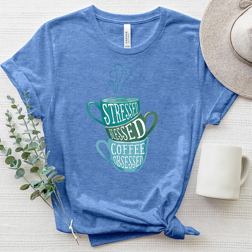 Stressed and Blessed Coffee Cups Heathered Tee
