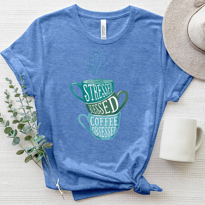 Stressed and Blessed Coffee Cups Heathered Tee