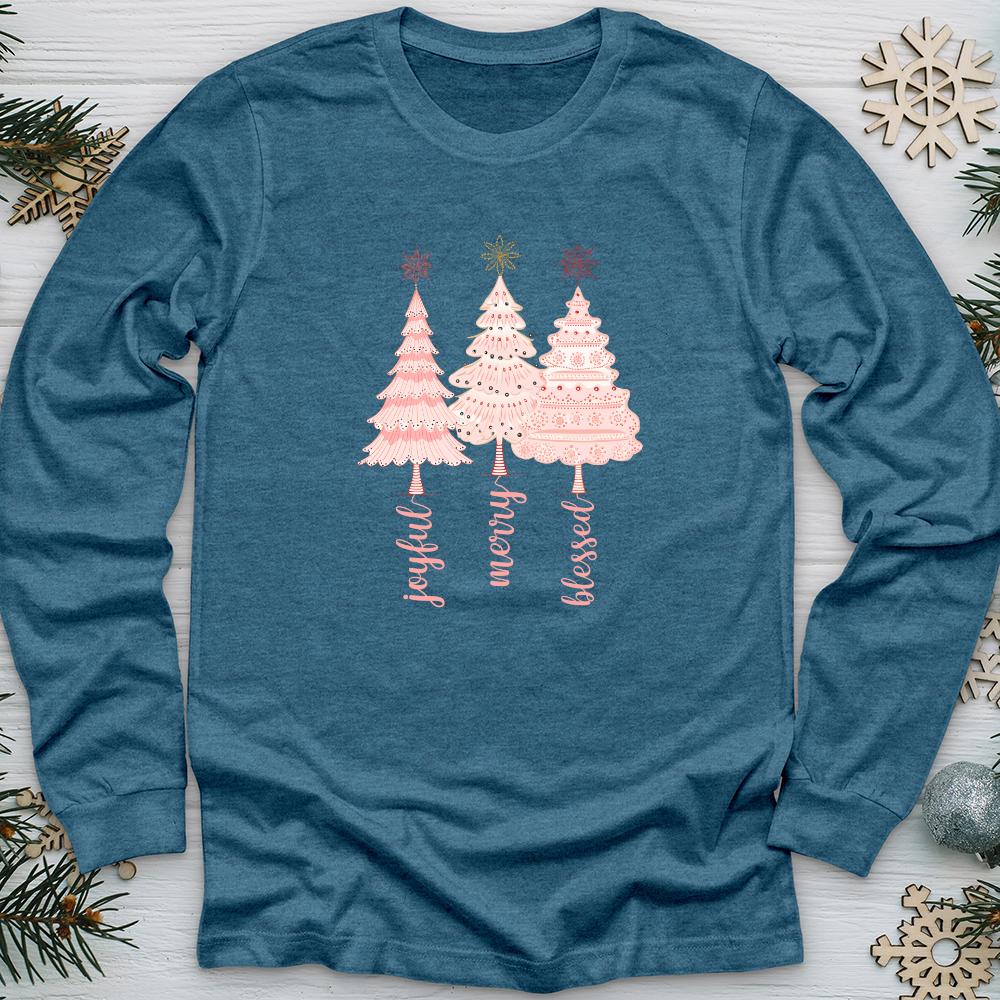 Vintage Snowflake Pink Tree Trio Long Sleeve Tee