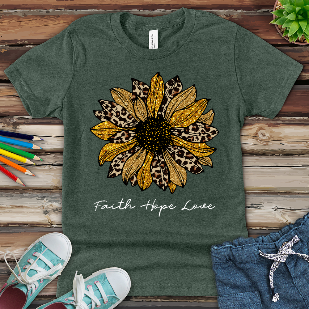 Faith Hope Love Leopard Sunflower Youth Heathered Tee