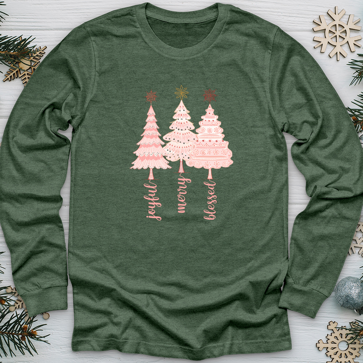 Vintage Snowflake Pink Tree Trio Long Sleeve Tee
