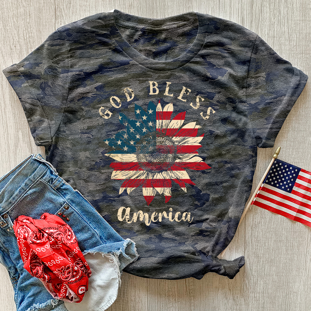 God Bless Sunflower Camo Tee
