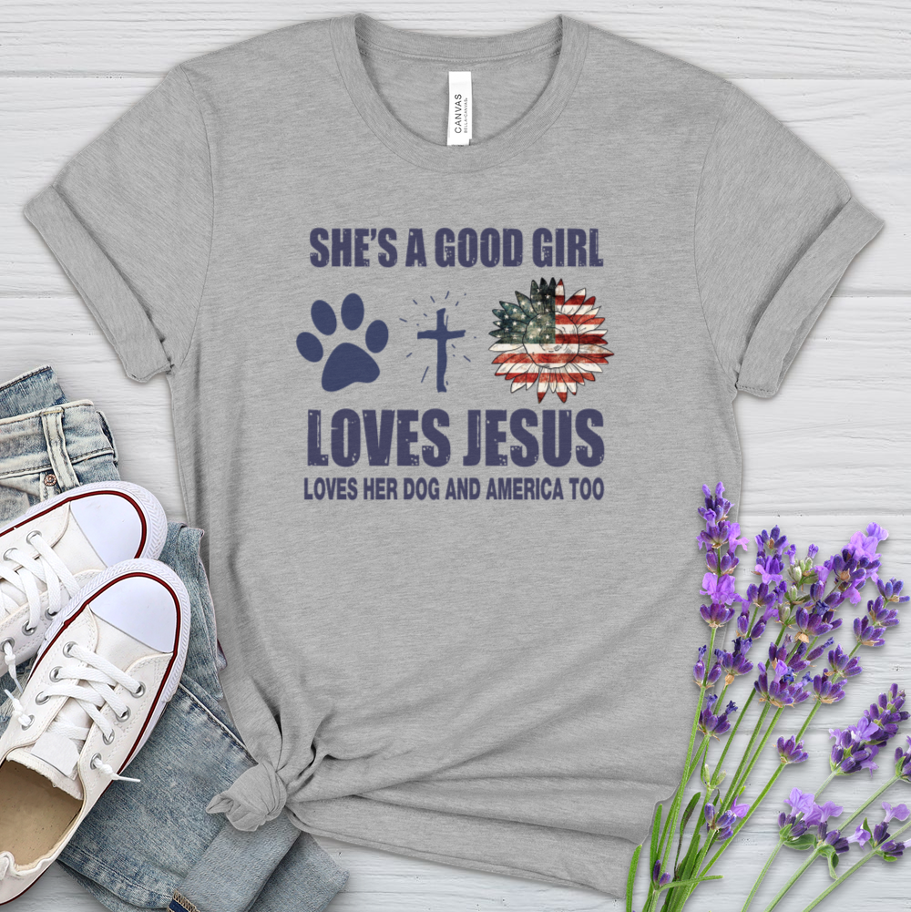 A Girl Who Loves Jesus Dogs And America Heathered Tee
