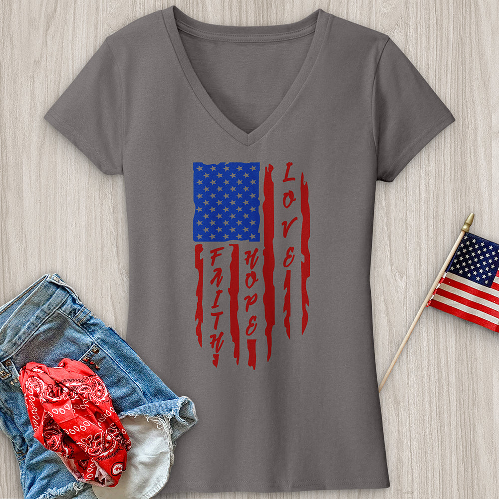 Faith Hope Love Flag V-Neck Tee