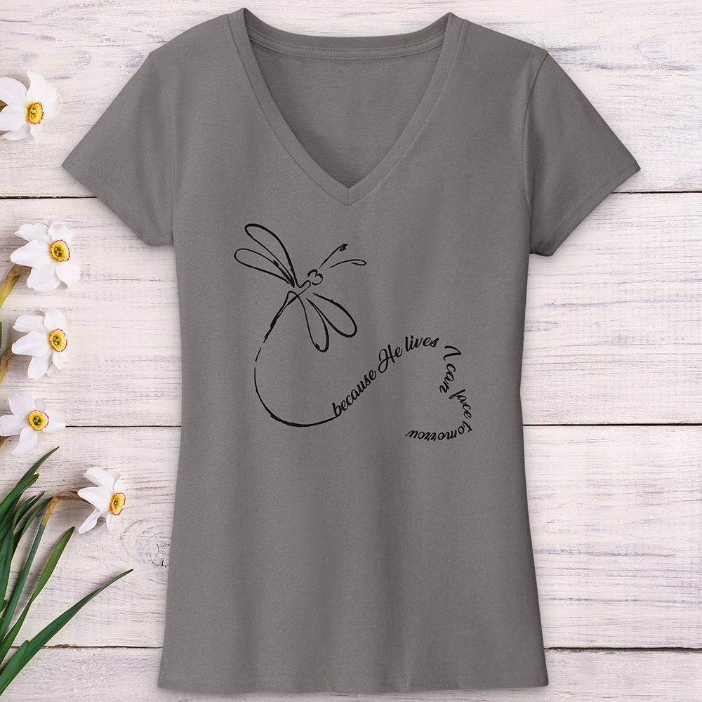 Because He Lives Dragonfly Heart V-Neck Tee