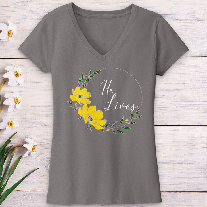 He Lives Flower Wreath V-Neck Tee