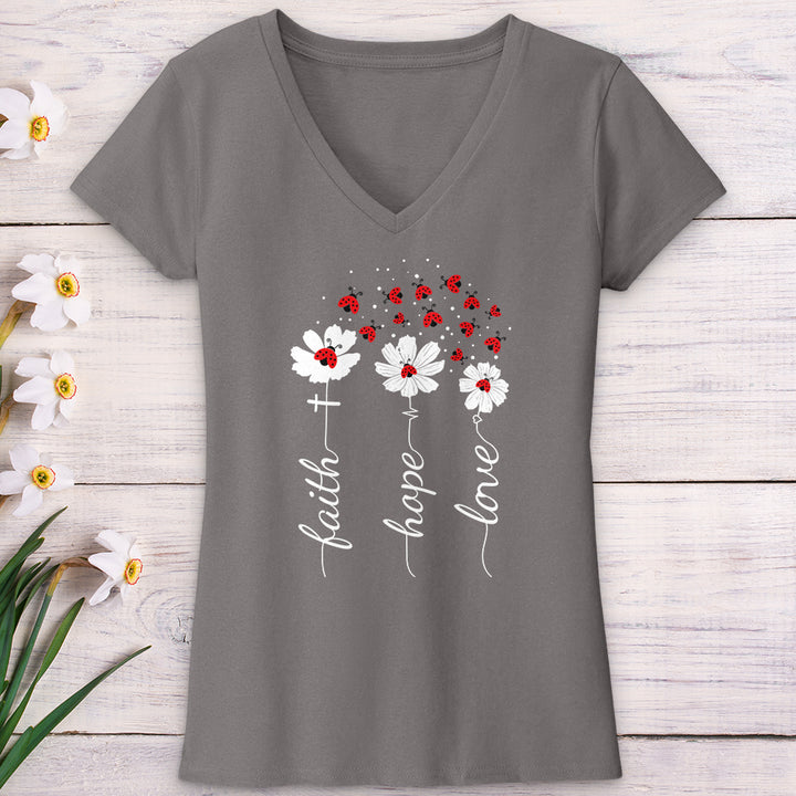 Faith Lady Bug Flowers V-Neck Tee