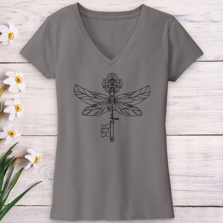 Faith Key Dragonfly V-Neck Tee