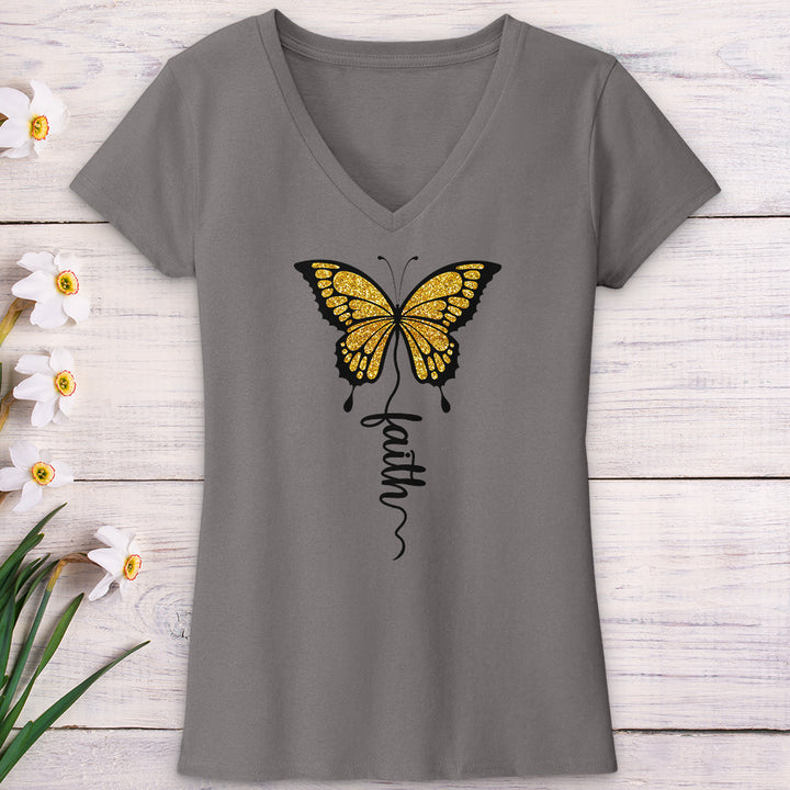 Gold Faith Butterfly V-Neck Tee