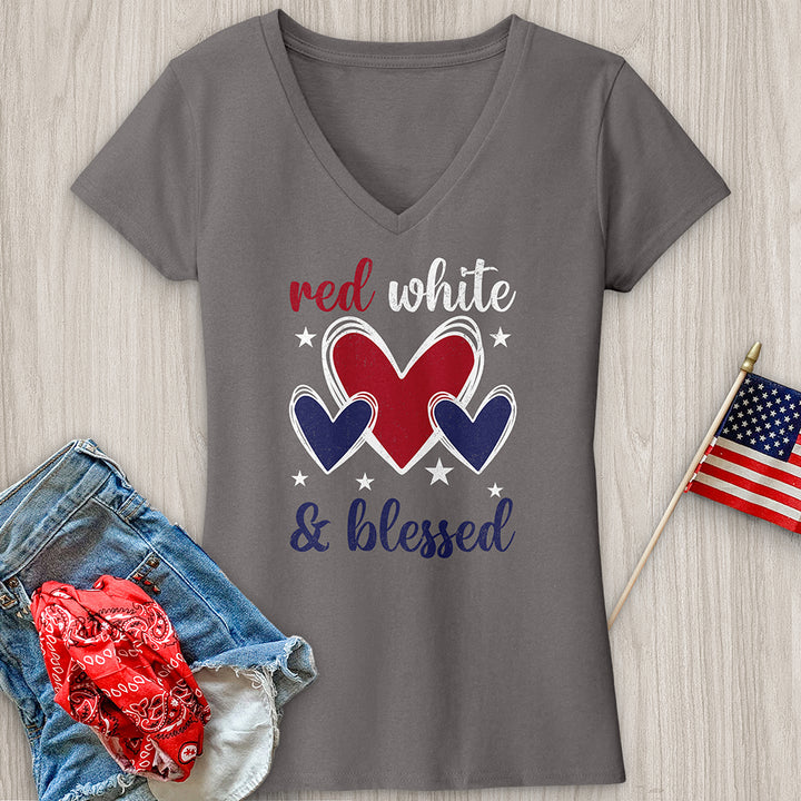 Red White Blessed Hearts V-Neck Tee