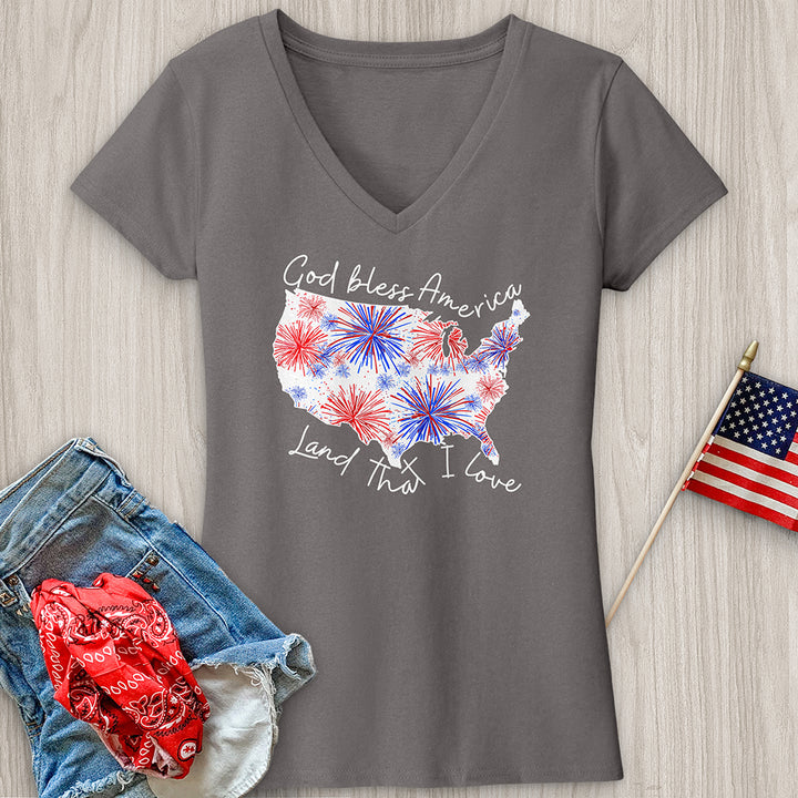 God Bless Fireworks Variation W V-Neck Tee