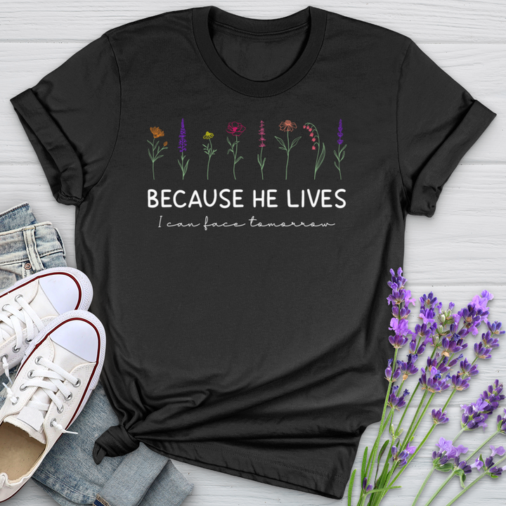 Because He Lives Colorful Flowers Heathered Tee Softstyle Tee