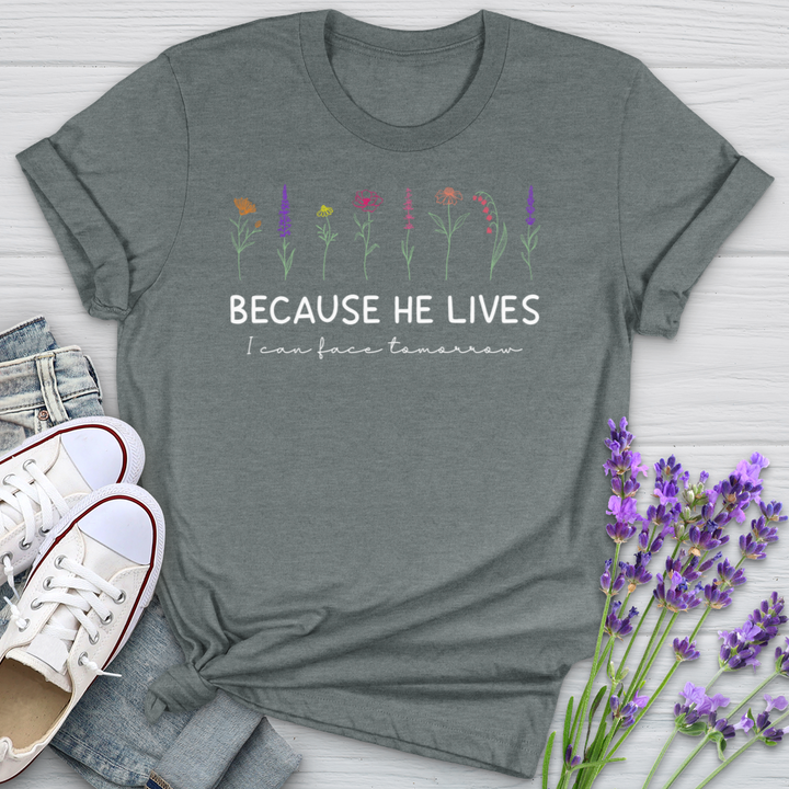 Because He Lives Colorful Flowers Heathered Tee Softstyle Tee