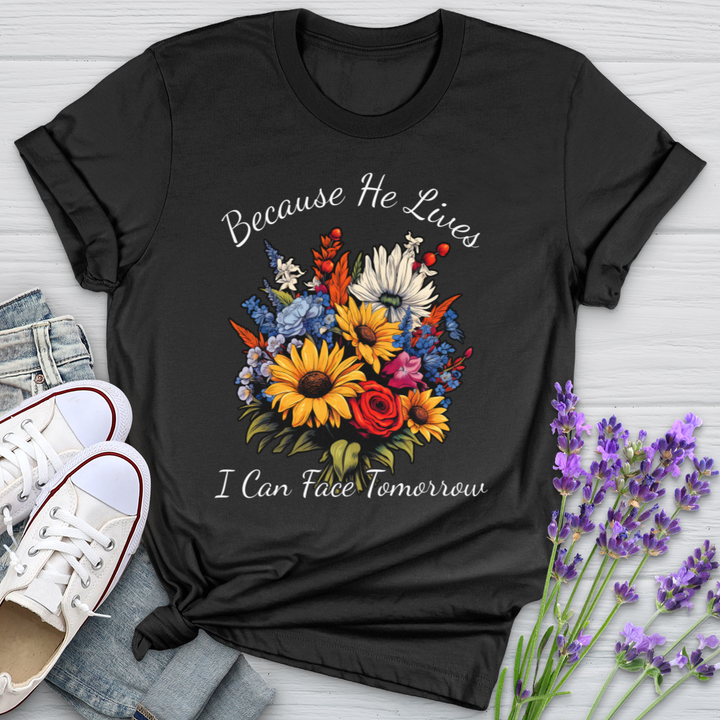 Because He Lives I can Face Tomorrow Wildflower Softstyle Tee