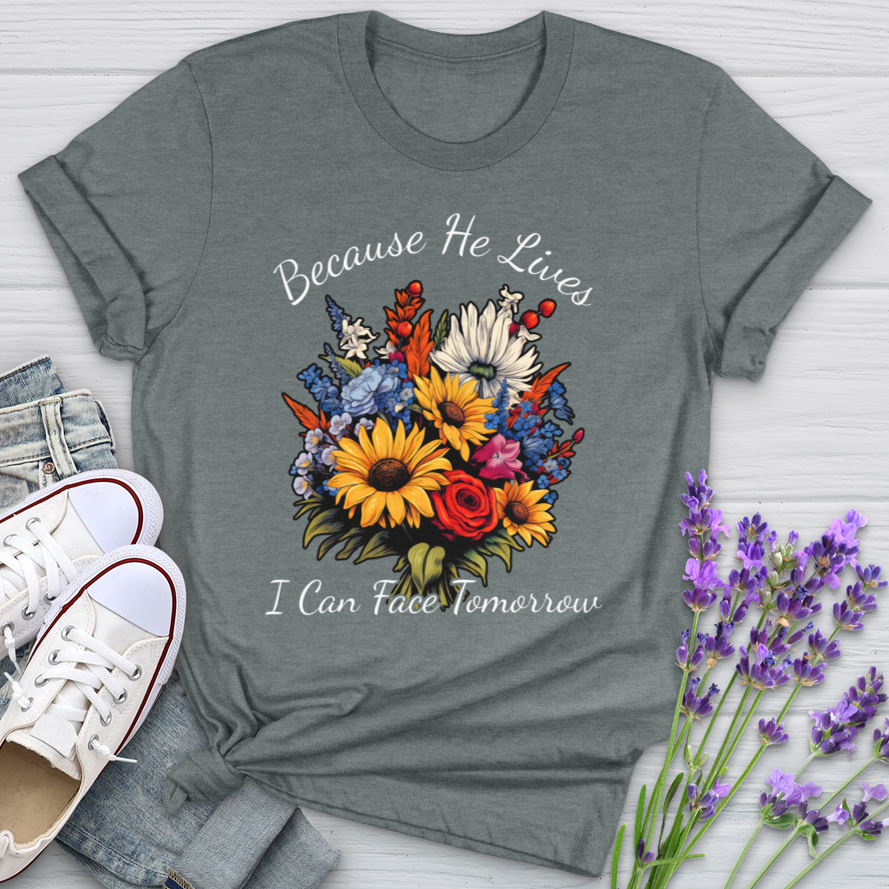 Because He Lives I can Face Tomorrow Wildflower Softstyle Tee