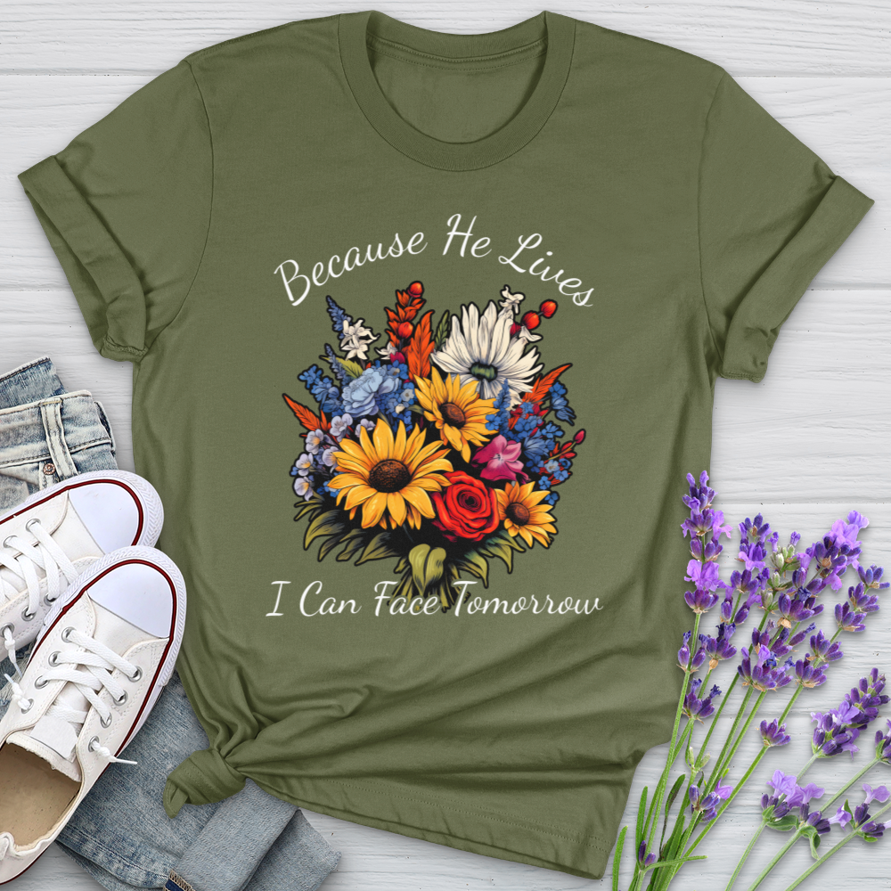 Because He Lives I can Face Tomorrow Wildflower Softstyle Tee