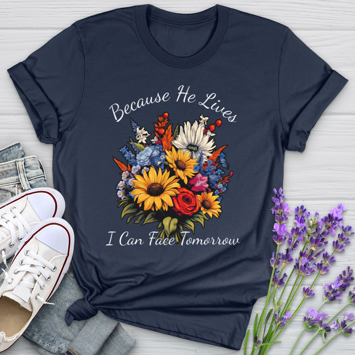 Because He Lives I can Face Tomorrow Wildflower Softstyle Tee