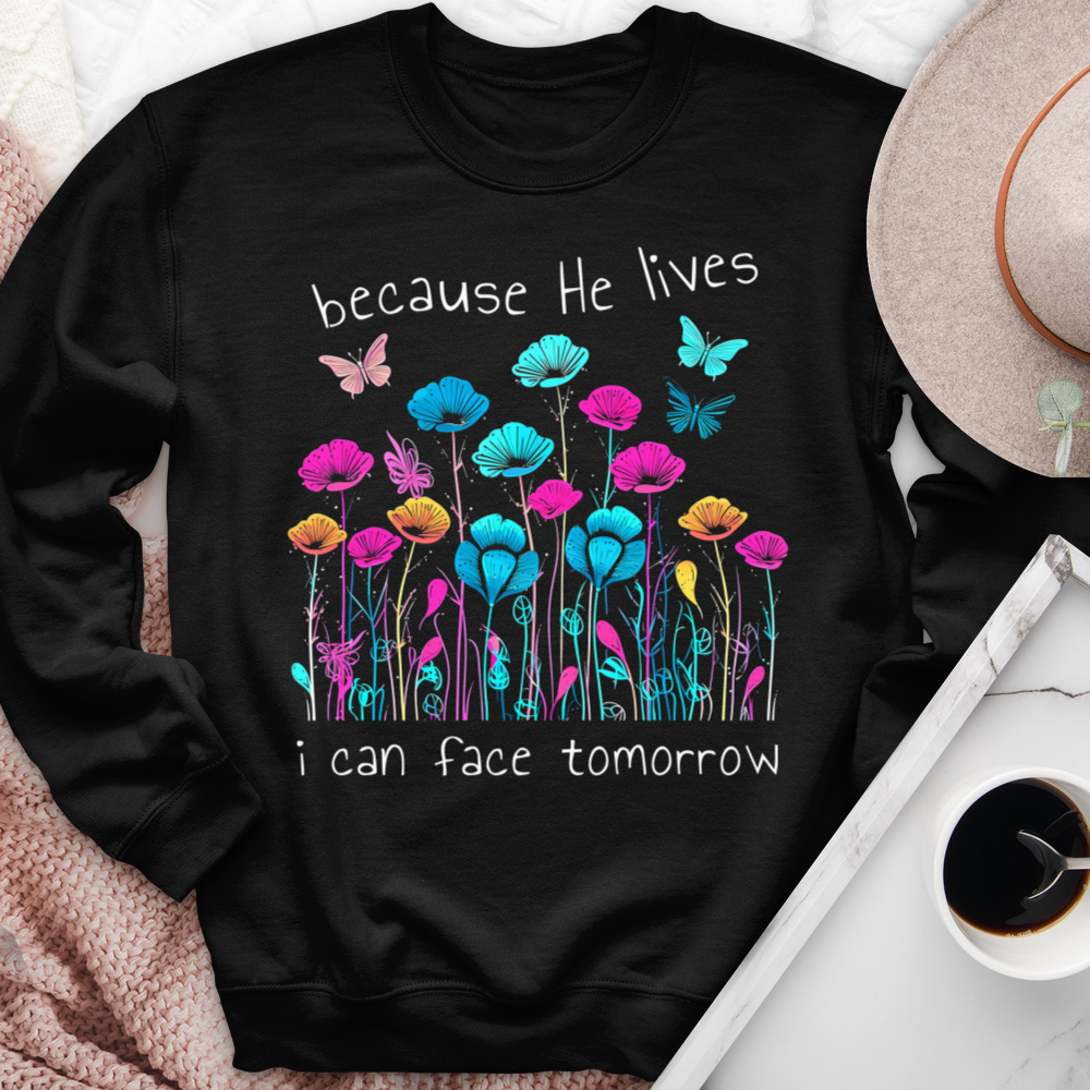Because He Lives Neon Flowers Crewneck
