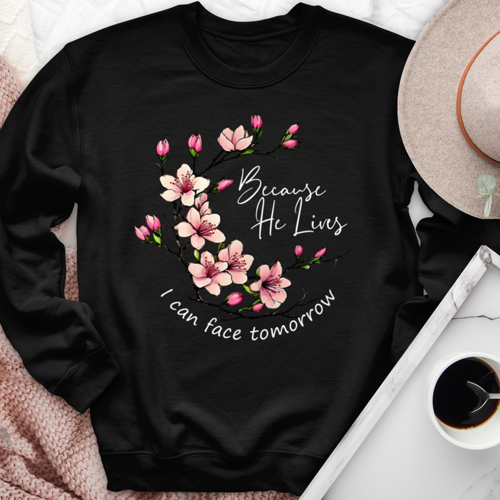 Because He Lives Pink Flowers Crewneck