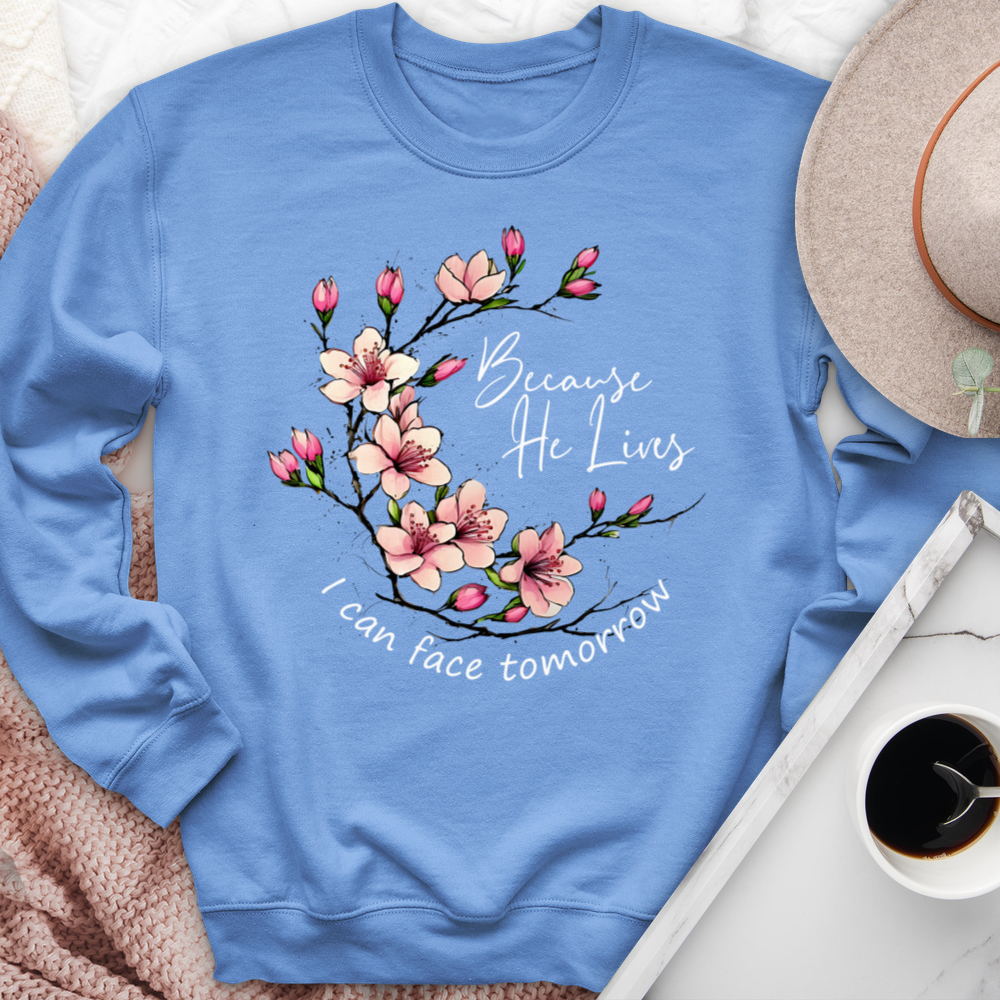 Because He Lives Pink Flowers Crewneck