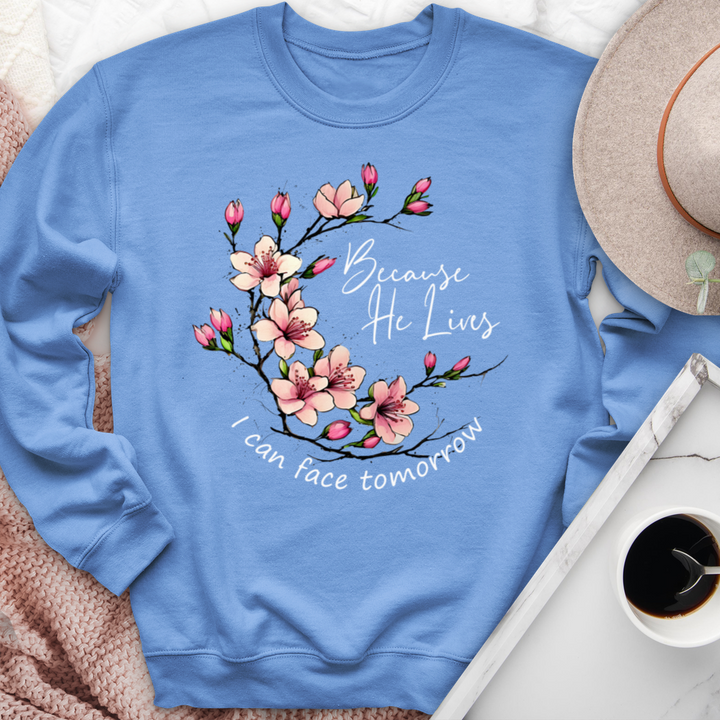 Because He Lives Pink Flowers Crewneck