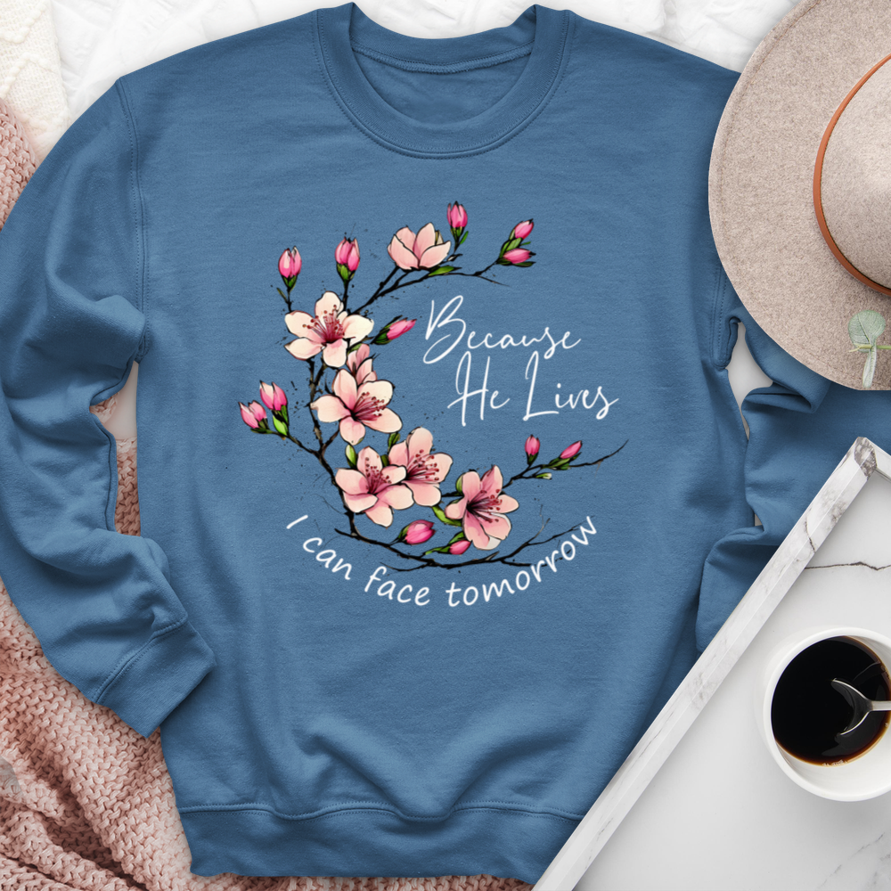 Because He Lives Pink Flowers Crewneck